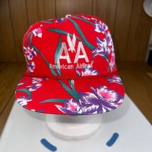 Vintage American Airlines Nissin Cap Red Floral Snapback Hat AA Logo Aviation